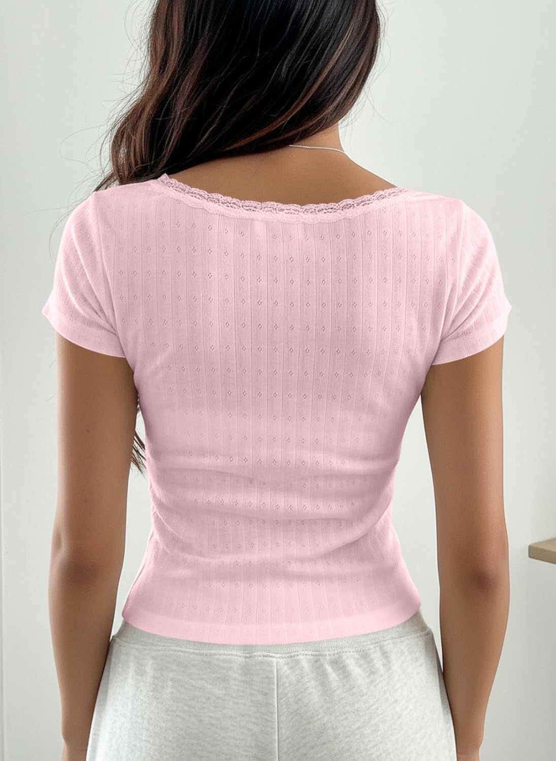 BAIGRAM Women Y2K Button Up Pointelle Minimalist Crop Tshirt Tops Short Sleeve Lace Trim Scoop Neck Henley Summer Shirt - Image 3