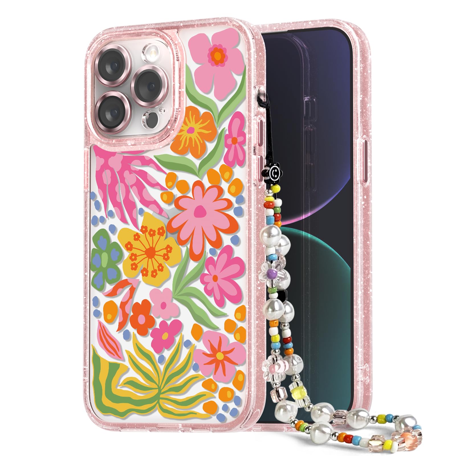casevivid Compatible for iPhone 14 Pro Case Cute Aesthetic - Glitter Pink Phone Case with Camera Protector - Girly Passion Flower Pattern Print Cover