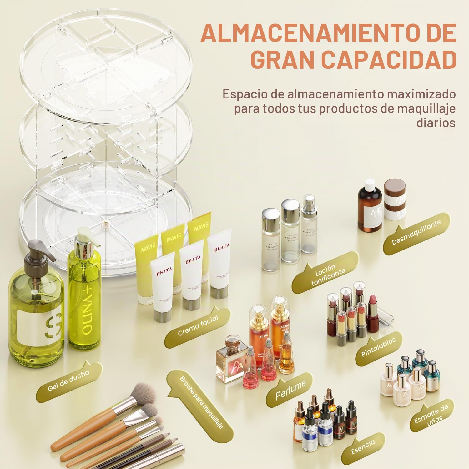 Auxmir Organizador de Maquillaje, Giratorio 360°, Organizador para Perfumes Cremas Pintalabios Skincare, Almacenaje Cosméticos con Capas Ajustables para Tocador Baño, Gran Capacidad