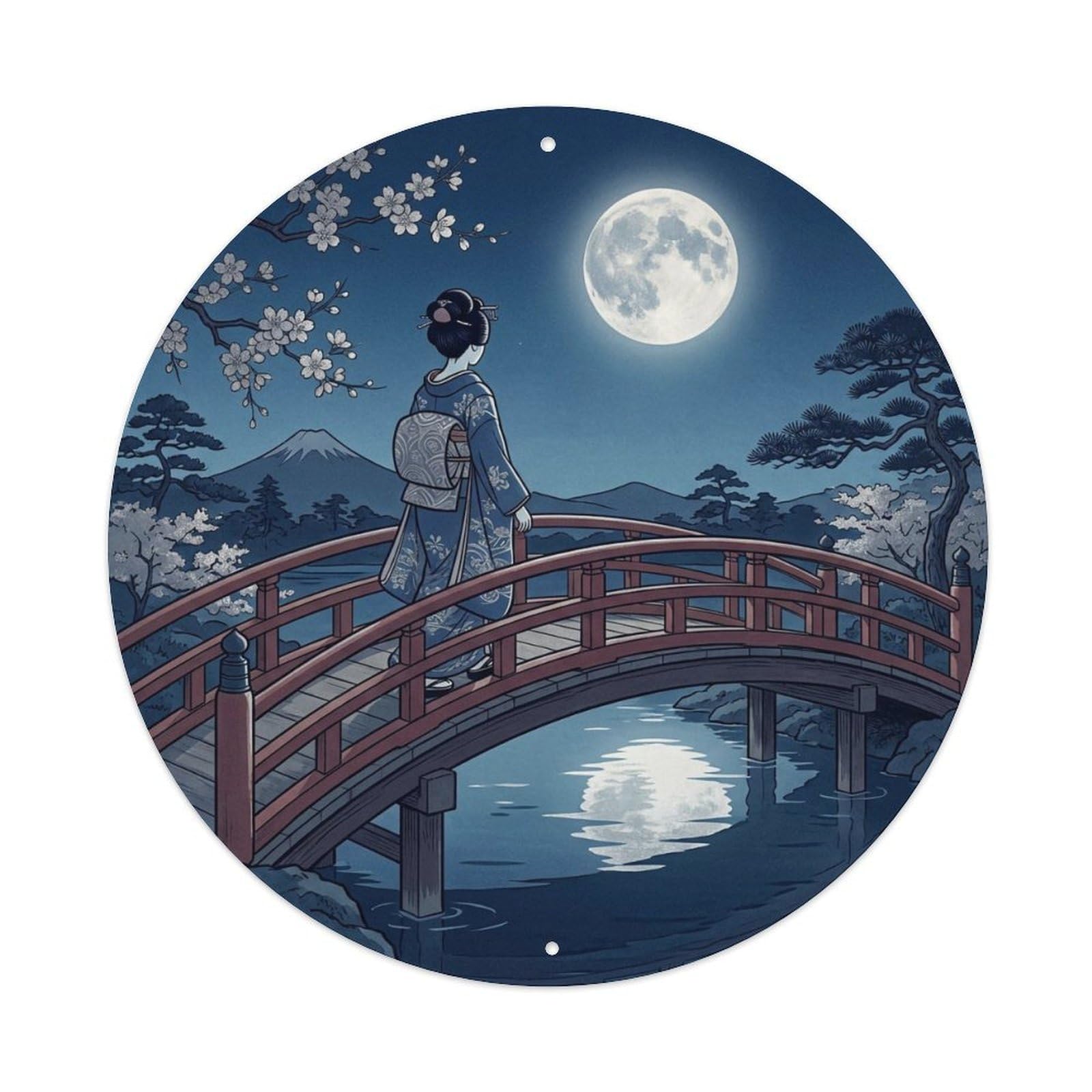 Yrnq 8X8inch Vintage Style Japanese Kimono Lady Moonlit Bridge Crossing Serene View Metal Tin Sign