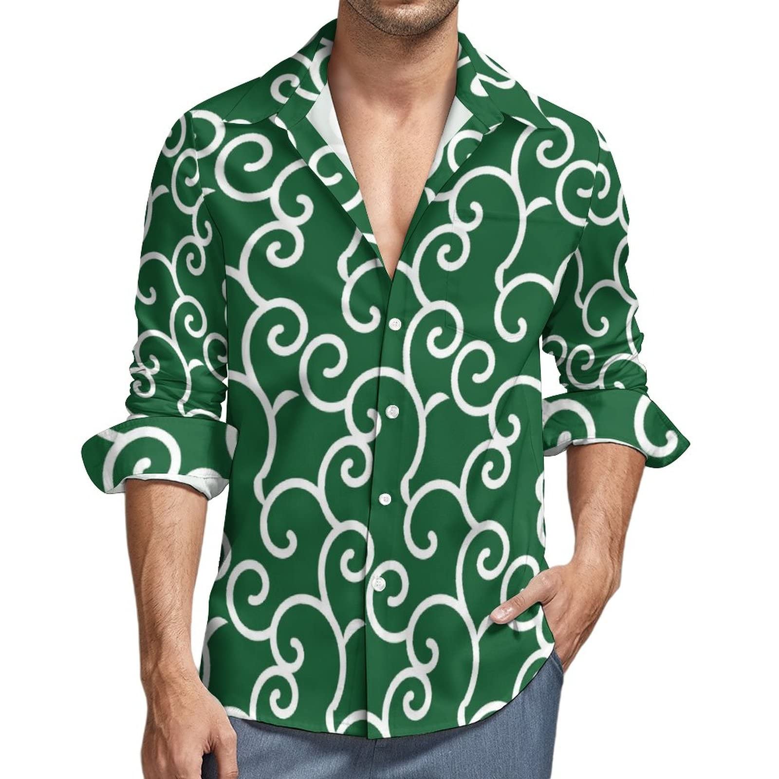 Amazon.co.jp: シャツ メンズ 長袖 Tシャツ 和柄 緑 唐草模様 アロハ 