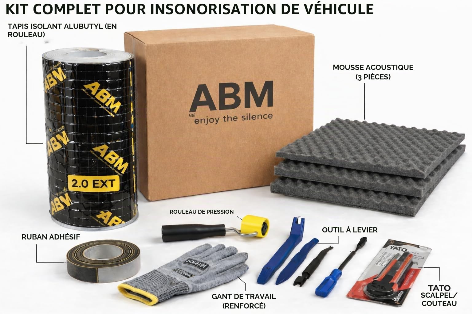ABM Kit d'isolation de voiture pour 2 portes, aluminium butyle, mousse acoustique et outils