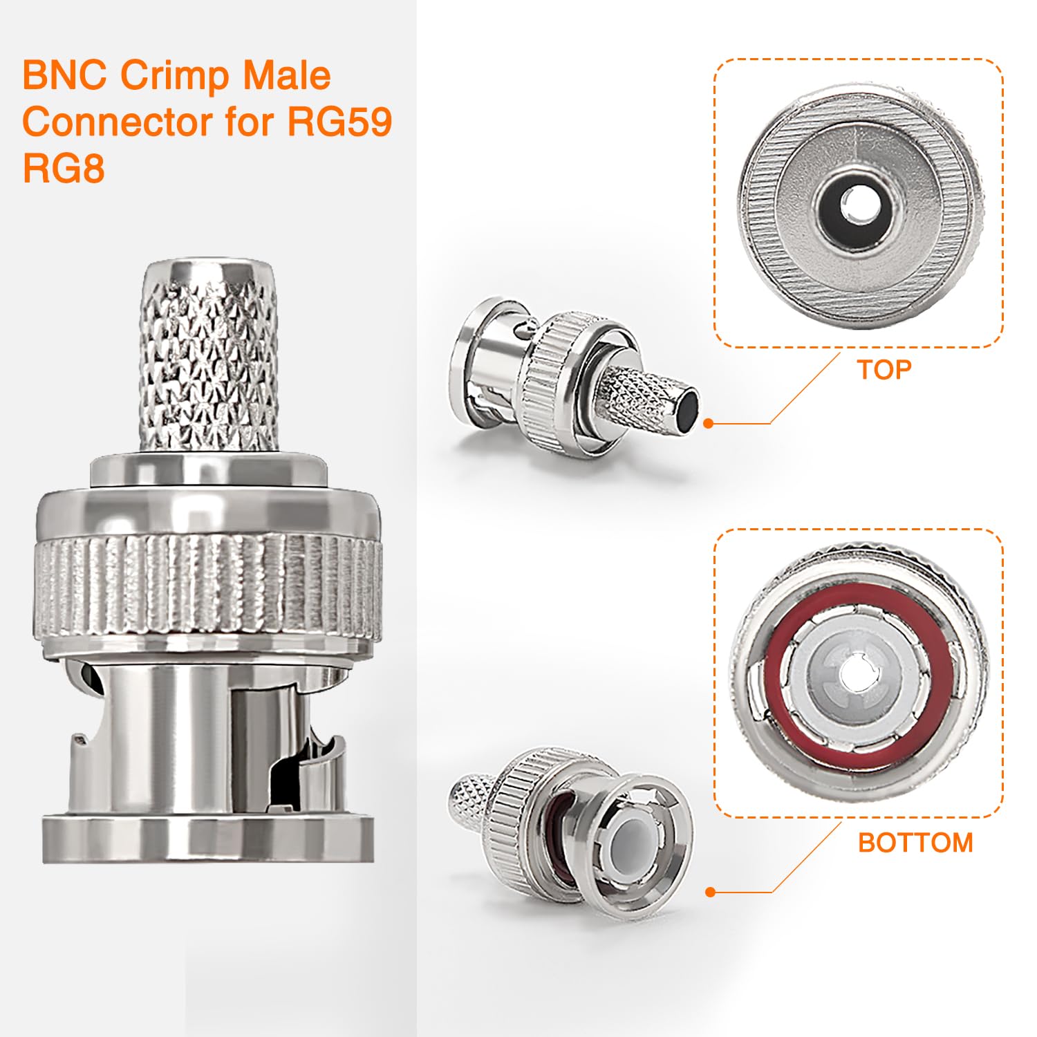 15 Connecteurs BNC Mâles à Sertir - Pour Câble Coaxial RG59/RG8 - CCTV, Vidéo - Inclus Broche Et Virole