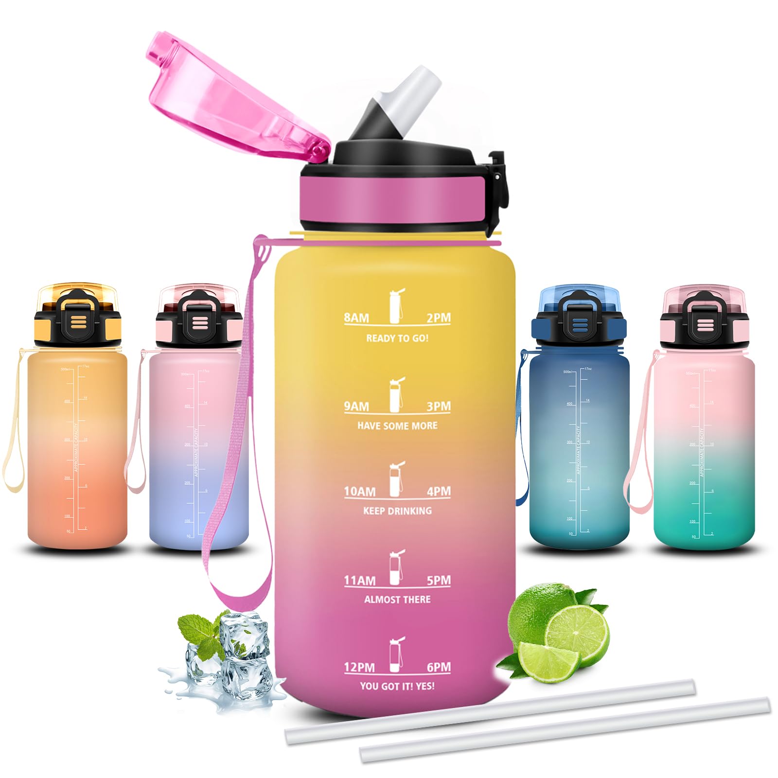 Mujigaga 500ml Kids Water Bottle with Straw Leakless Motivational Water Bottles Easy Clean Wide Mouth for School Work Running Picnic