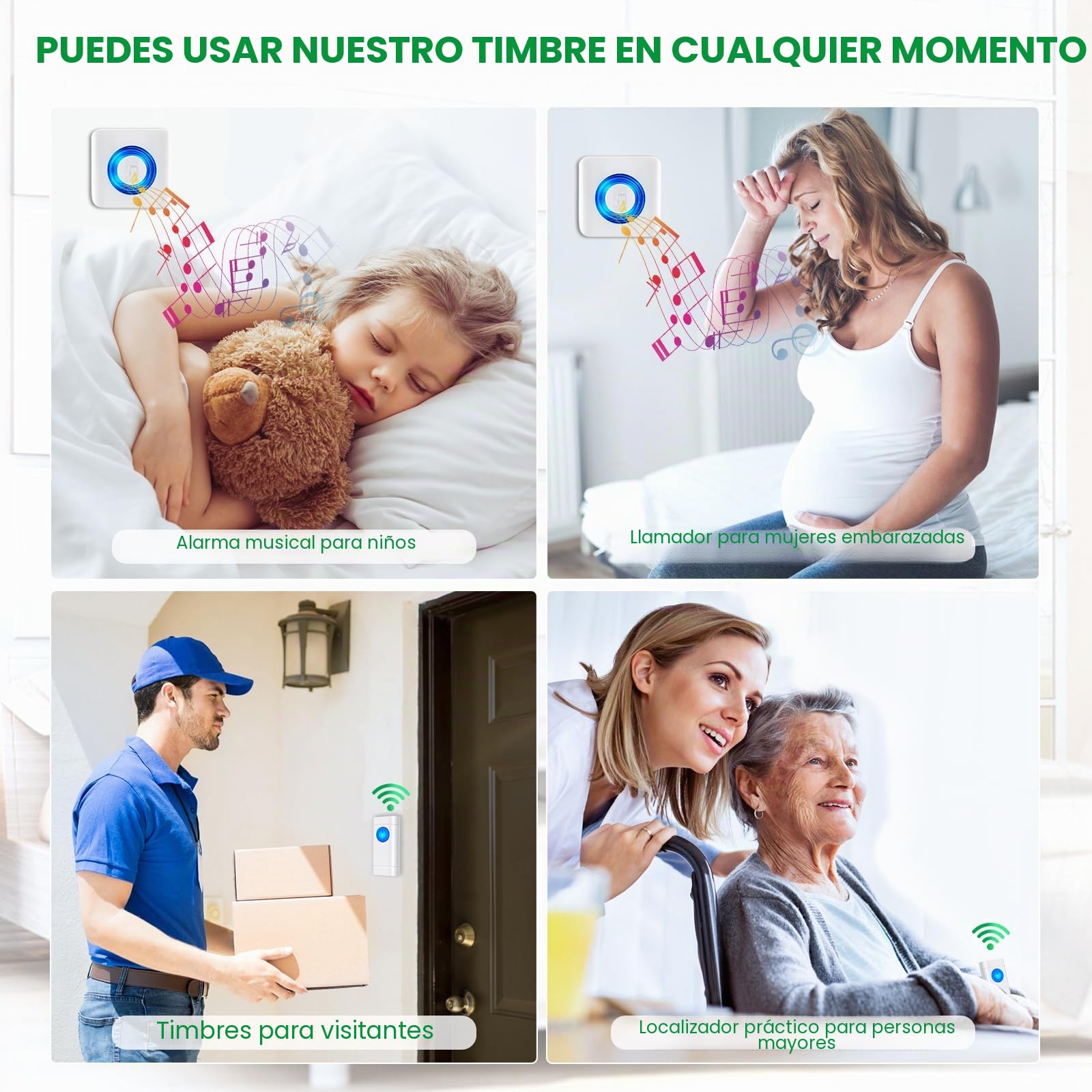 Satisure Timbre Inalámbrico Exterior 2 Transmisores 2 Receptores, Impermeable Timbre de la Puerta Radio Set, 400M/1300FT, Blanco