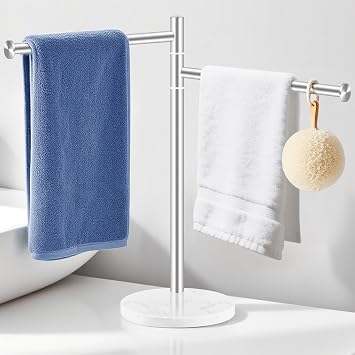 Hand Towel Holder, Stainless Steel Hand Towel Stand with Marble Base, Swivel Hand Towel Rack Standing Towel Bar for Kitchen Countertop, 2 Arms, Brushed Nickel