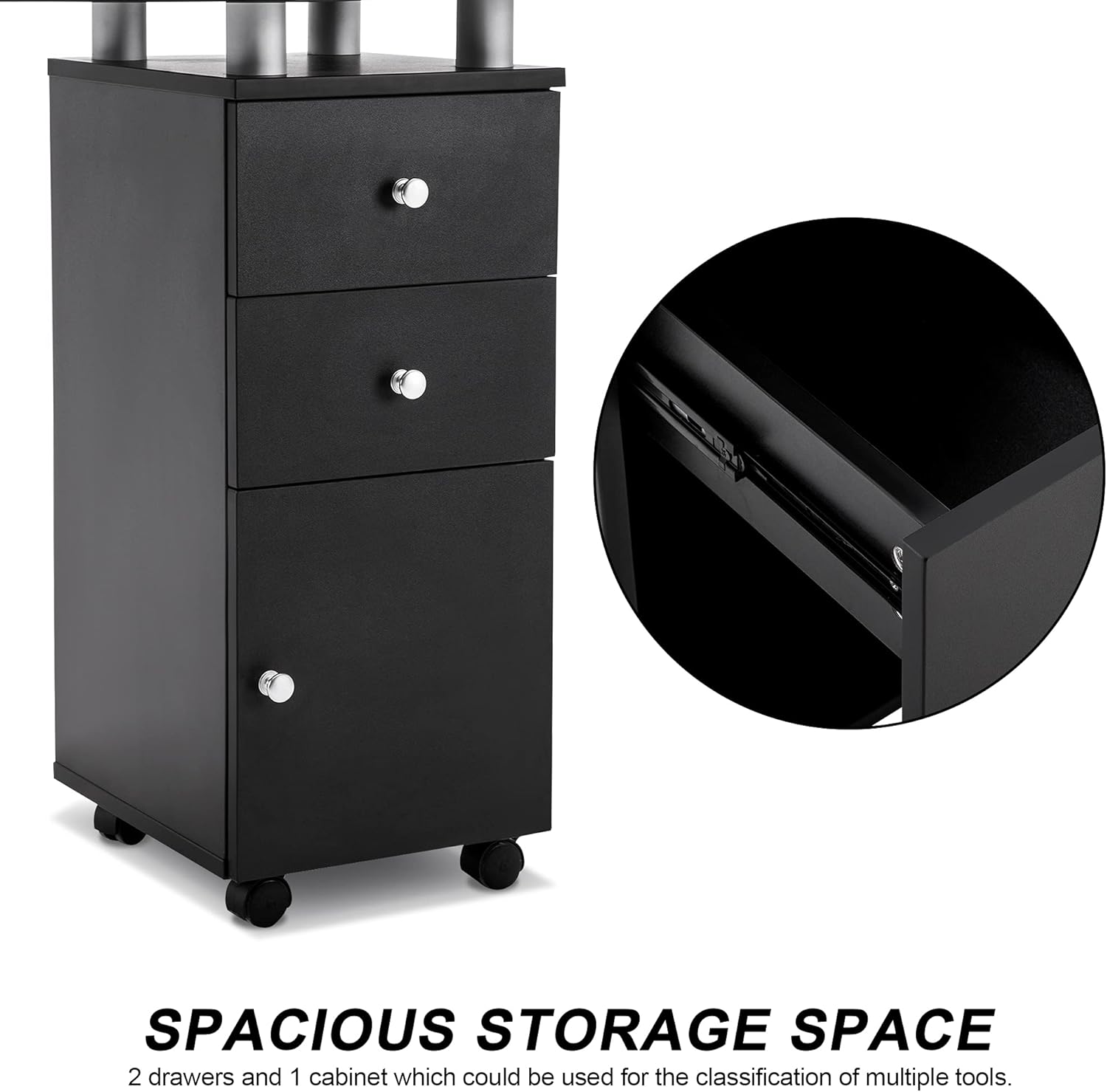Black Ergonomic Manicure Table with Drawers and Wheels