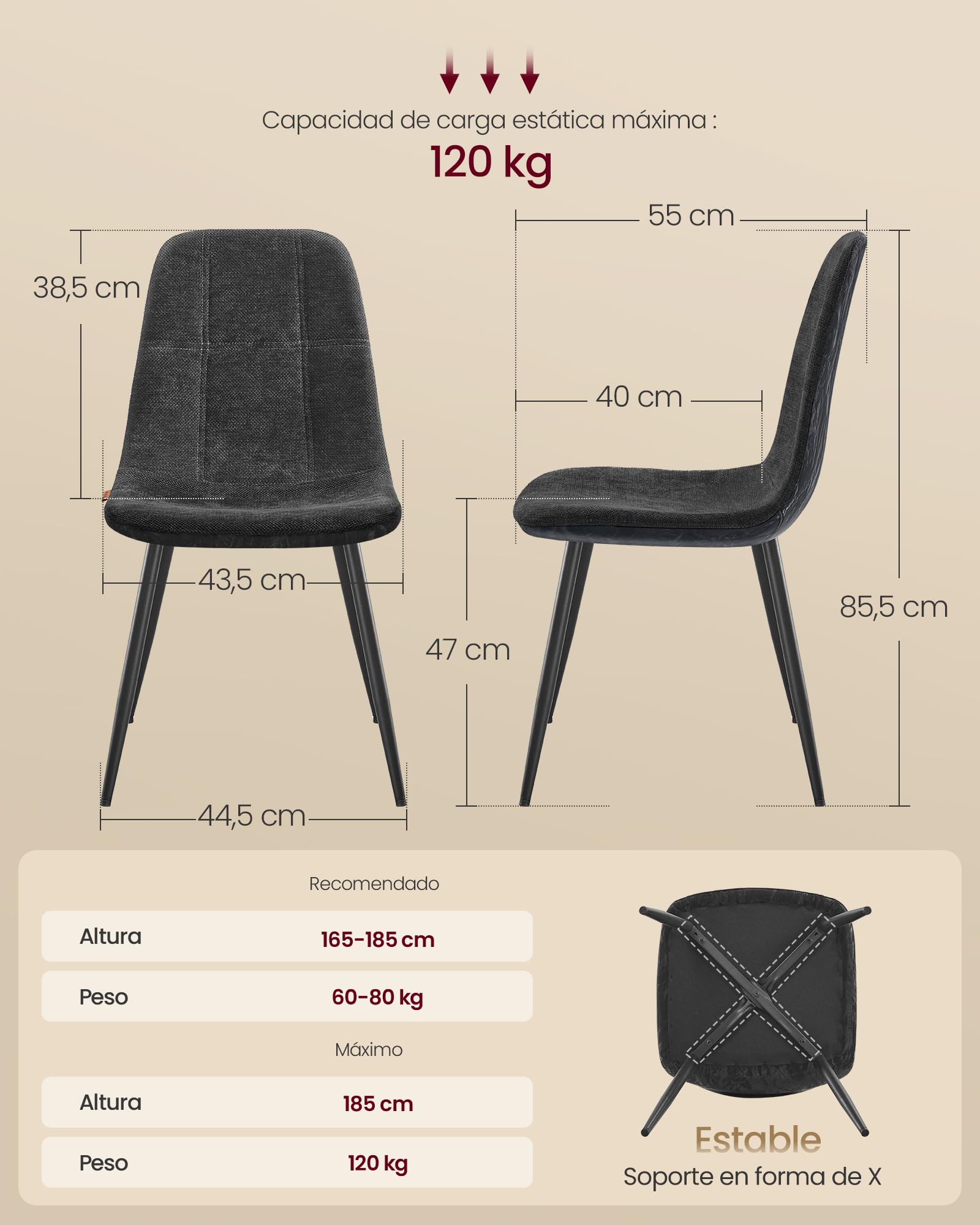 VASAGLE Sillas de Comedor, Juego de 2, Soporte de Metal, Pies Ajustables, Fácil Limpieza, Sillas de Cocina, Tejido de Chenilla, PU con Textura Brillante, Gris Pizarra KDC187G01 — view 3