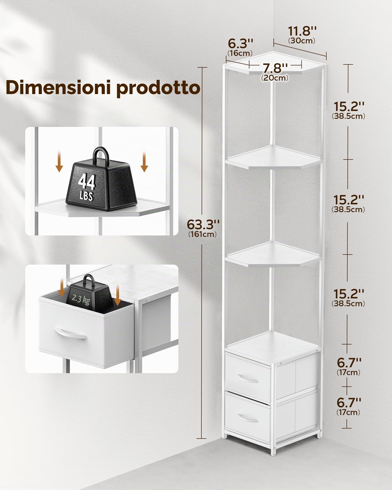 Housolution Scaffale d'Angolo con Portaoggetti, 6 Piani Alto 63,4" con 2 Cassetti di Stoffa, Scaffale d'Angolo Indipendente per Soggiorno Camera da Letto Cucina Bagno (Bianco)