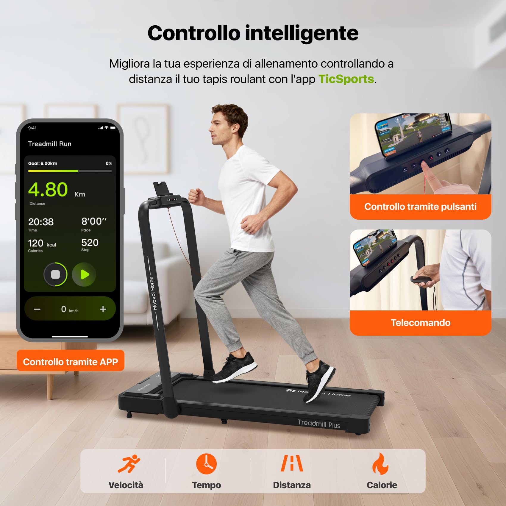 Mobvoi Home Treadmill Plus Tapis roulant AI Intelligente pieghevole 3 in 1 Tappetino da passeggio 1-12 km/h Walking Pad Compatto sotto la scrivania Corsa per casa e ufficio TicSports APP 120 kg