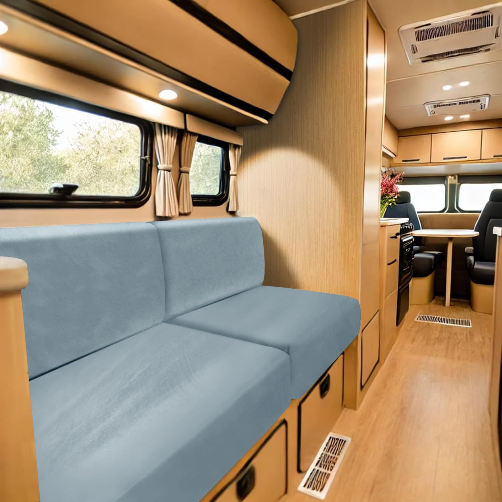 SYLC Stretch Caravan Seat Covers, Non-slip Motorhome Seat Covers for Lounge with 2 Straps, Velvet Sofa Cushion Covers for Couch Camper Bench (light blue,Rectangle 3XL) โ image 1