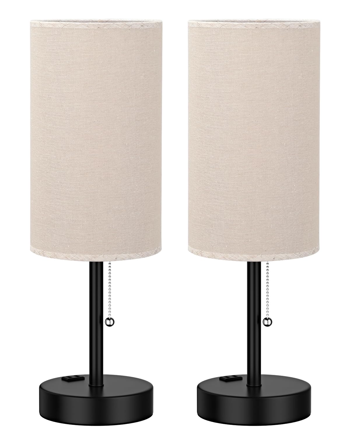 Fenmzee Plus Beige Bedside Table Lamps Set of 2-3 Color Temperatures Pull Chain Lamp with AC Outlet Charging Port, Two Round Night Stand Lamps for Bedroom Guest Room Office, Bed Side Light