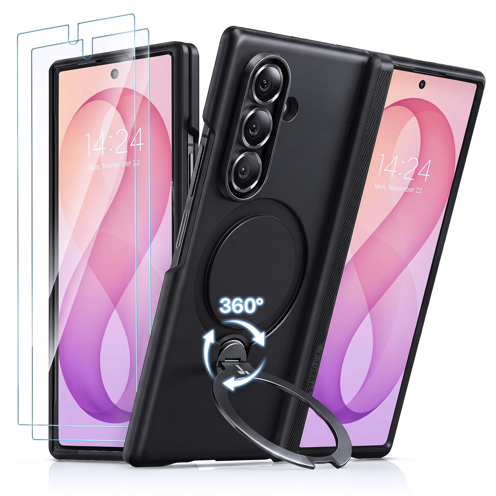 TORRAS Q3 Spin for Samsung Galaxy Z Fold 8 Ultra Case, 360 Magnetic Stand | MIL-Grade Hinge Protection, Compatible with MagSafe, 360 Kickstand, Armor, Shockproof, 2 Screen Protectors, Black