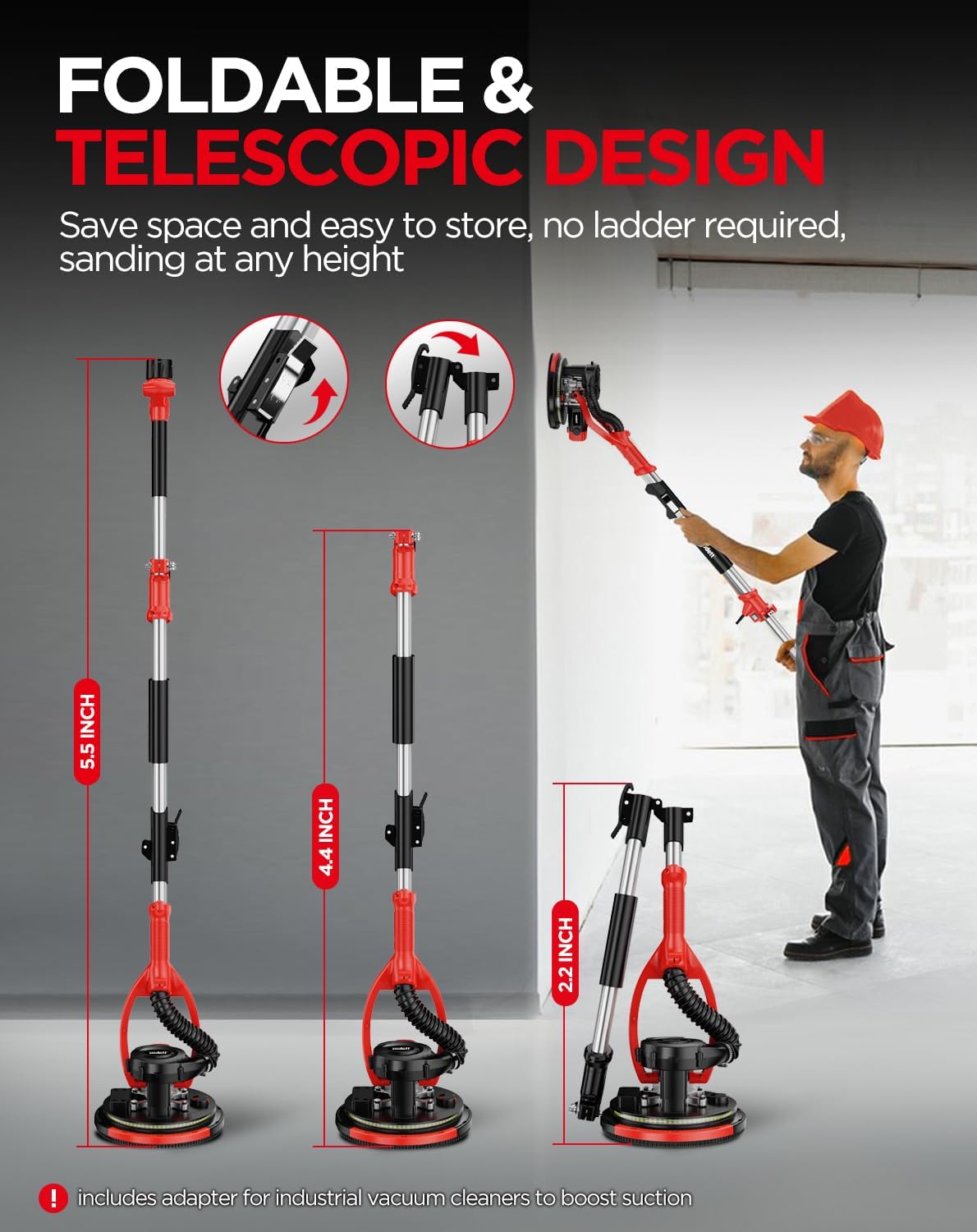 Drywall Sander with Vacuum Dust Collector, 880W Popcorn Ceiling Removal Tool with 5 Variable Speeds 1000–2100RPM, LED Light, Foldable & Extendable Handle, 12pcs Sanding Discs, Red