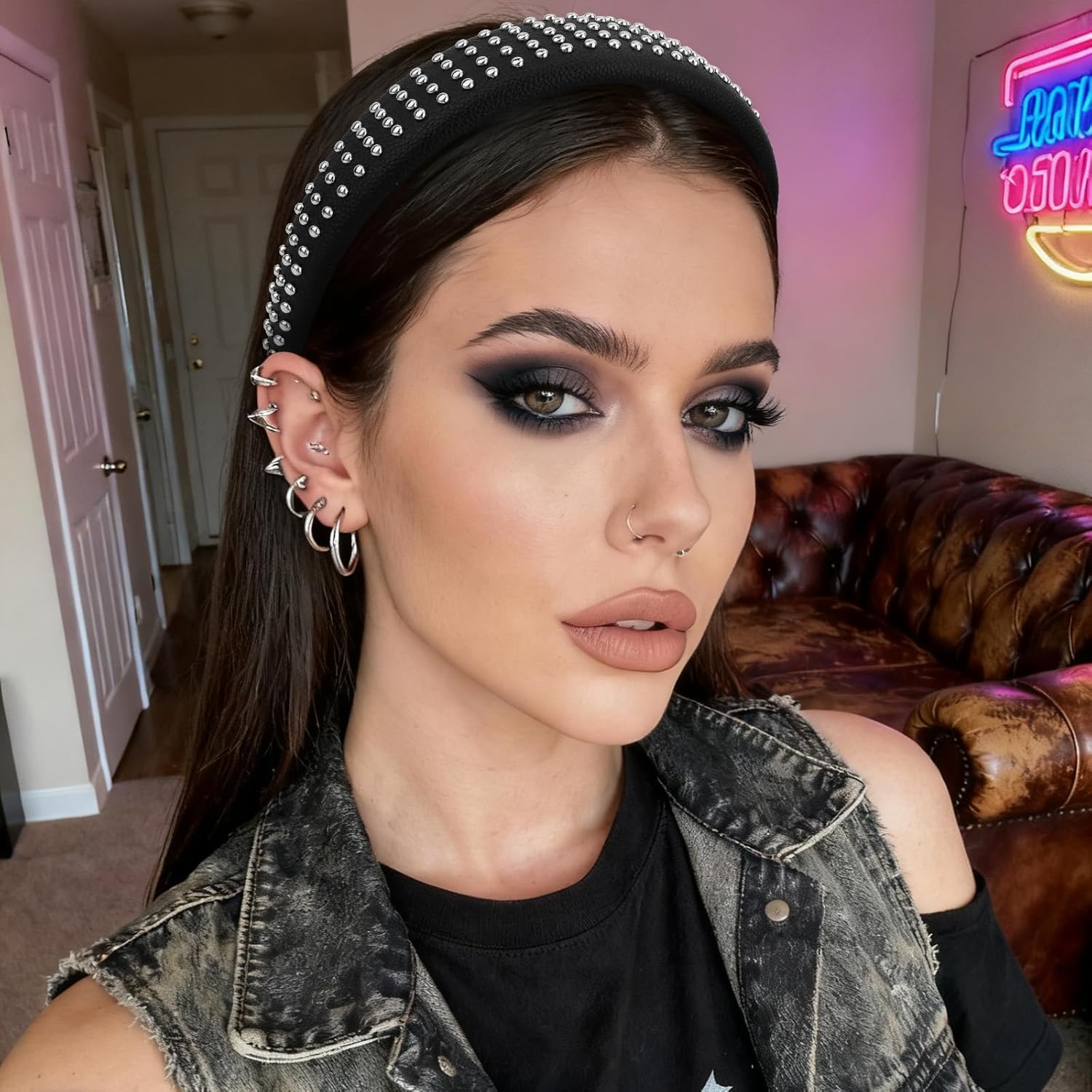 YISSION Punk Style Black Faux Leather Headband with Metal Beads, Thick Edgy Hair Hoop, Fashion Hair Accessory for Women - Ideal for Party, Rock-Inspired Looks & Daily Styling - Image 7