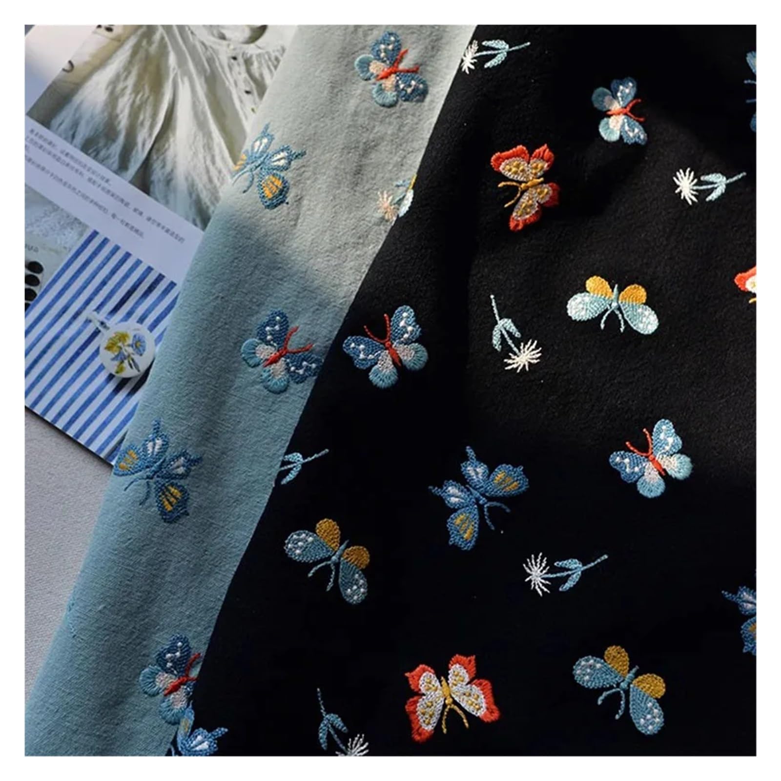 Tela de algodón y lino bordada con diseño de mariposas, hecha a mano, for sofá, almohada, mantel y bolso.(2 black)