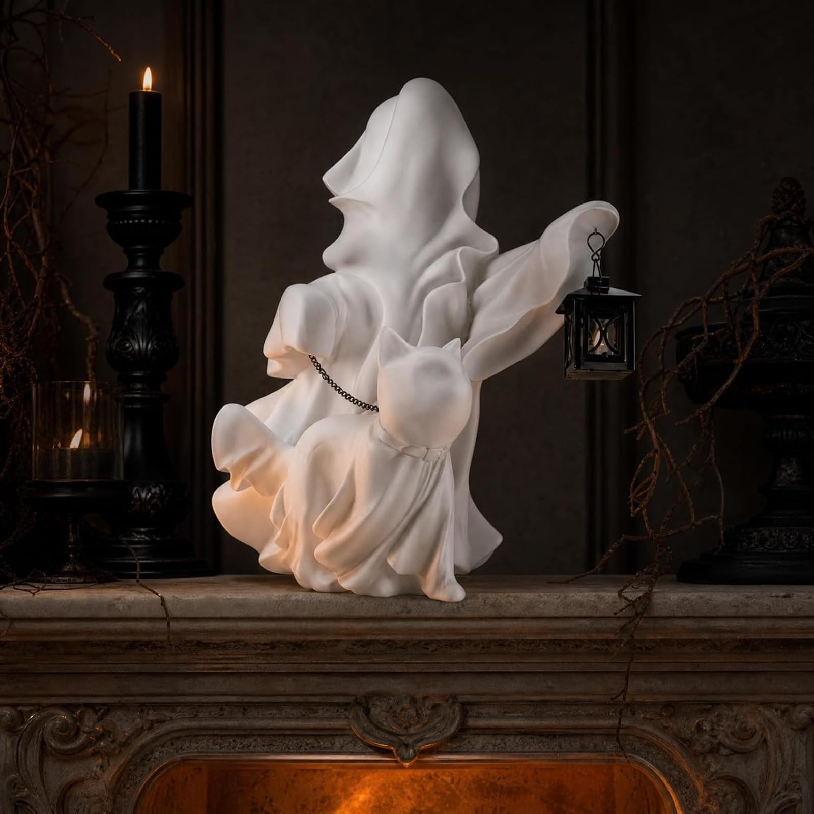 Halloween-Harz-Geist- und Katzenfigur for Wohnzimmer, Büro, Zuhause, 25 cm | Geister- und Katzenstatue aus Harz for Halloween und saisonale Heimdekoration