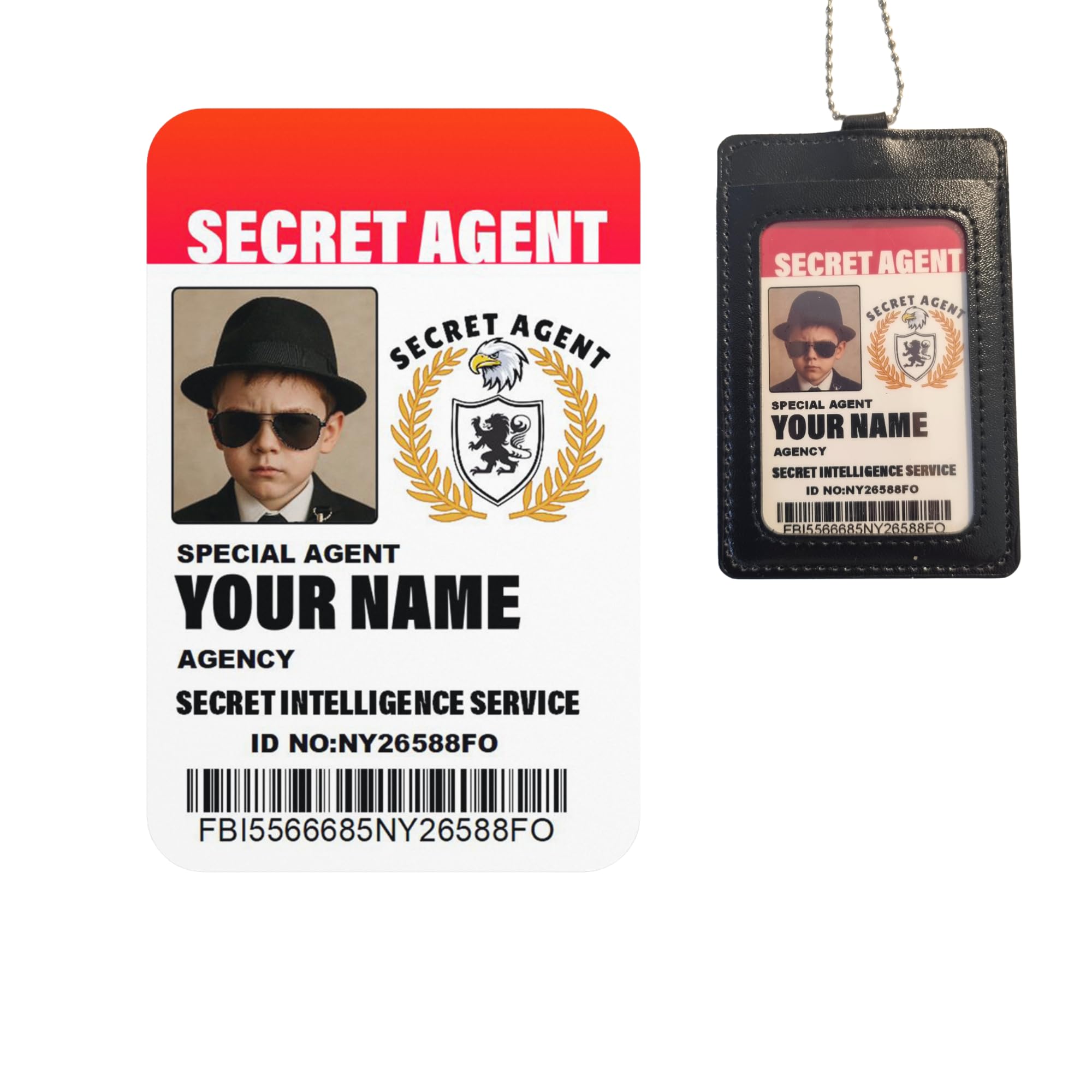 Personalized Secret Agent ID Card for Kids – Custom Spy Badge with Photo & Name – Optional Faux Leather Holder & Chain – Role Play Gift