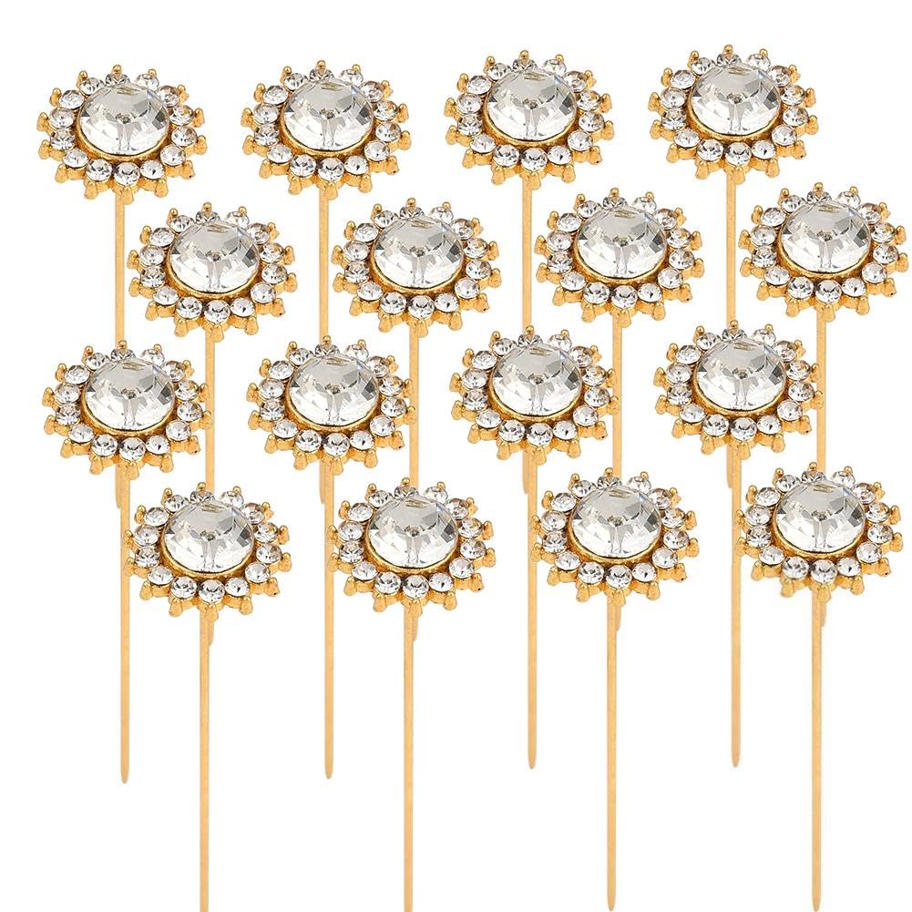 1 Box 16Pcs Rhinestone Bouquet Pins Diamond Flower Pins 2.2 Inch Gold Shine Gems Alloy Straight Crystal Head Corsage Boutonniere Brooches Accessories for Wedding Bridal Bouquet Hair DIY Decor