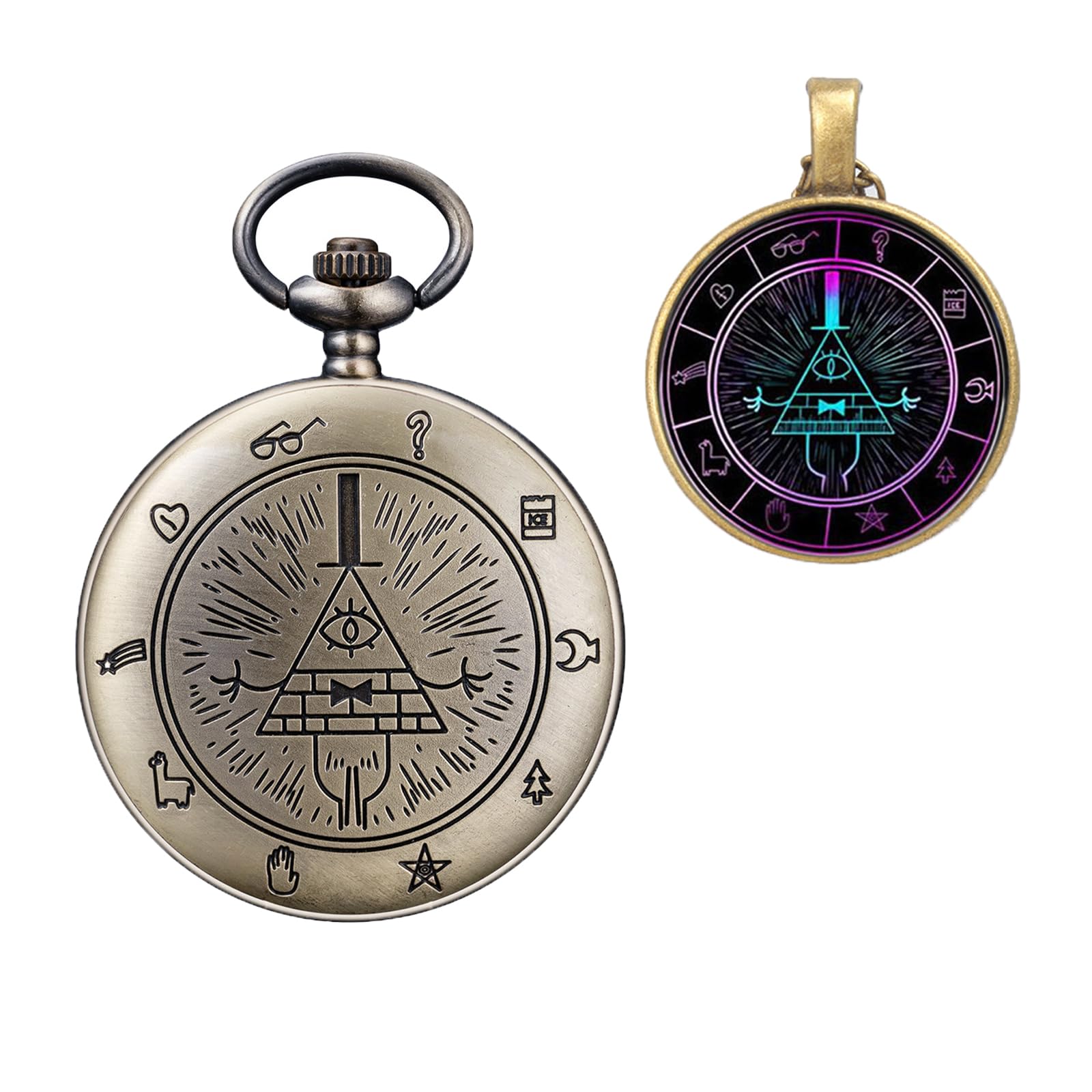 BOSHIYA Vintage Quartz Pocket Watches for Men Women Gravity Falls Bill Cipher Pocket Watch with Chain Christmas Graduation Birthday Gifts