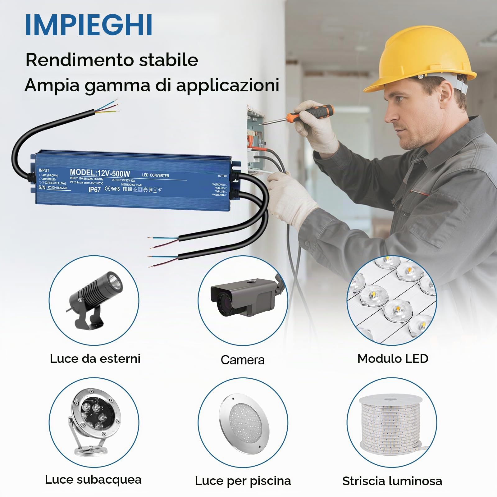Trasformatore LED 12V 500W, Alimentatore 12v 42A, Driver LED AC a DC | 500W Trasformatore 220V 12v, Impermeabile IP67, Senza Sfarfallio, Nessun rumore, per G4, GU5.3, MR11, MR16, Non dimmerabile