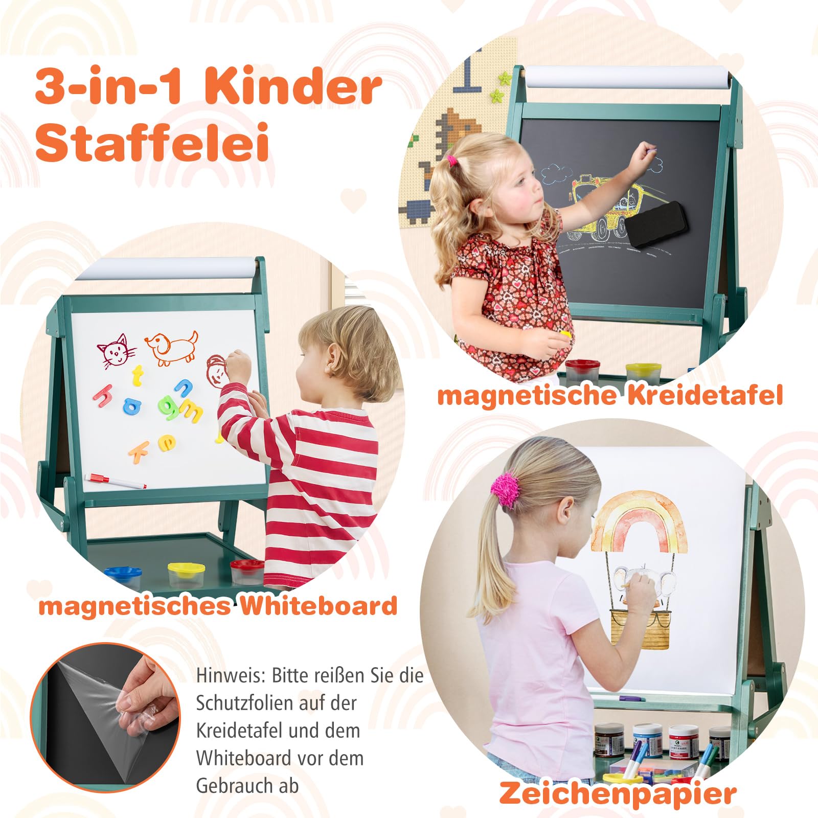 DREAMADE 3 in 1 Kinder Staffelei, doppelseitige Staffelei mit magnetischem Whiteboard, Kreidetafel, Papierrolle, 4 Farbbechern & 2 Stoffboxen, Kunststaffelei für Kinder ab 3 Jahre (Dunkelgrün)