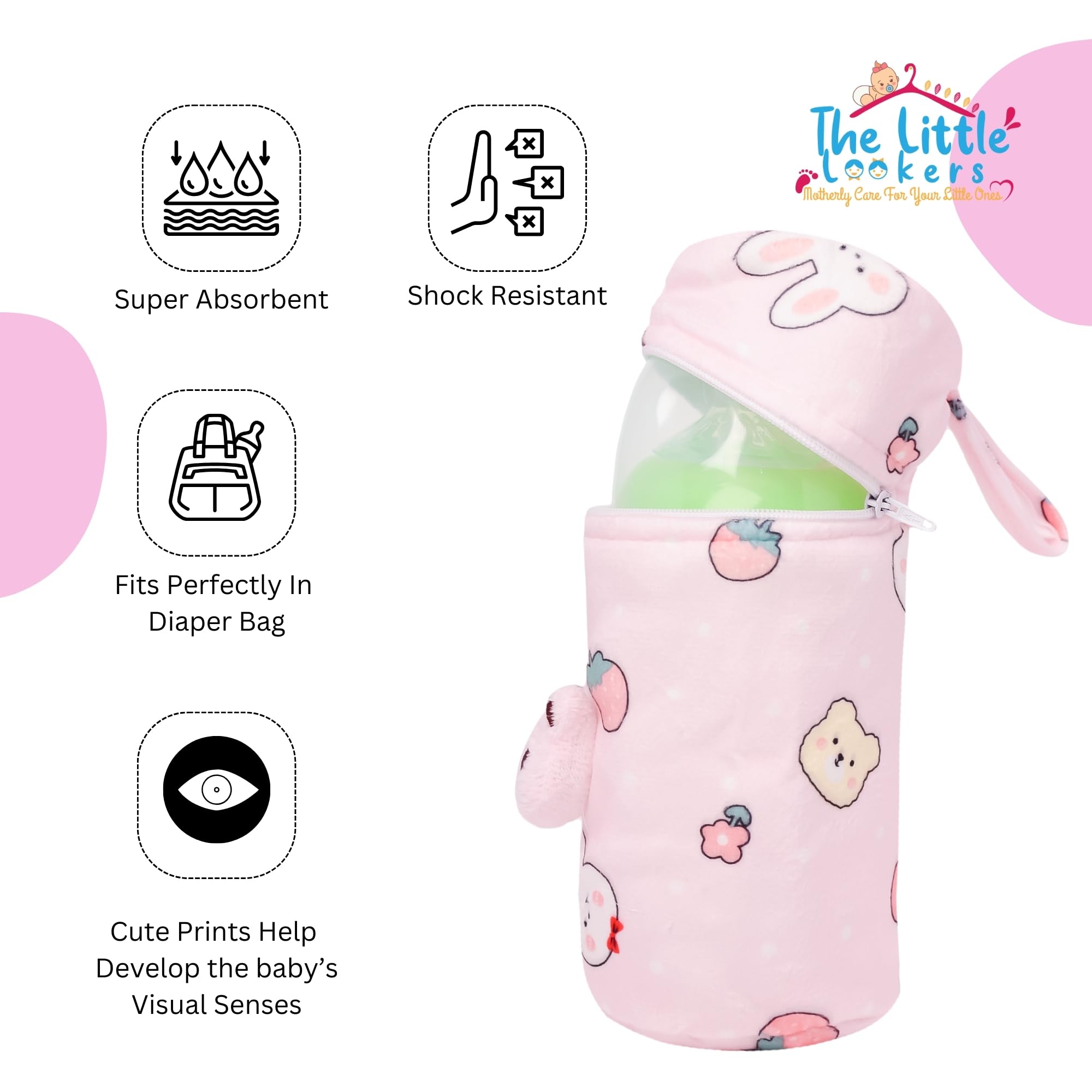 THE LITTLE LOOKERS Soft Plush Stretchable Baby Feeding Bottle Cover with Easy to Hold Strap (Zip Closure 330ml/11oz, Pink & Blue) - Image 3 thumbnail