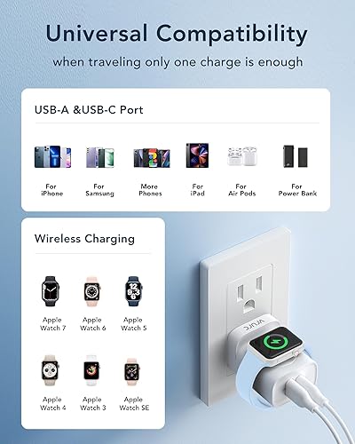 Miniatura 7 de VRURC Cargador para iPhone y Apple Watch, bloque de carga rápida USB C de 20 W, adaptador de viaje compacto 3 en 1 con 2 puertos para iPhone