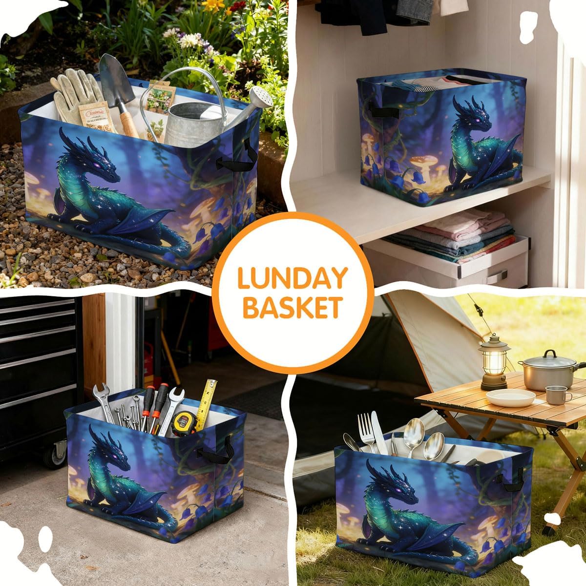 56L Dragon Rectangular Storage Bin,Laundry Basket Clothes Hamper with Handles,Foldable Blanket Storage Cotton Linen Laundry Hamper with Waterproof PE, Home Decor.