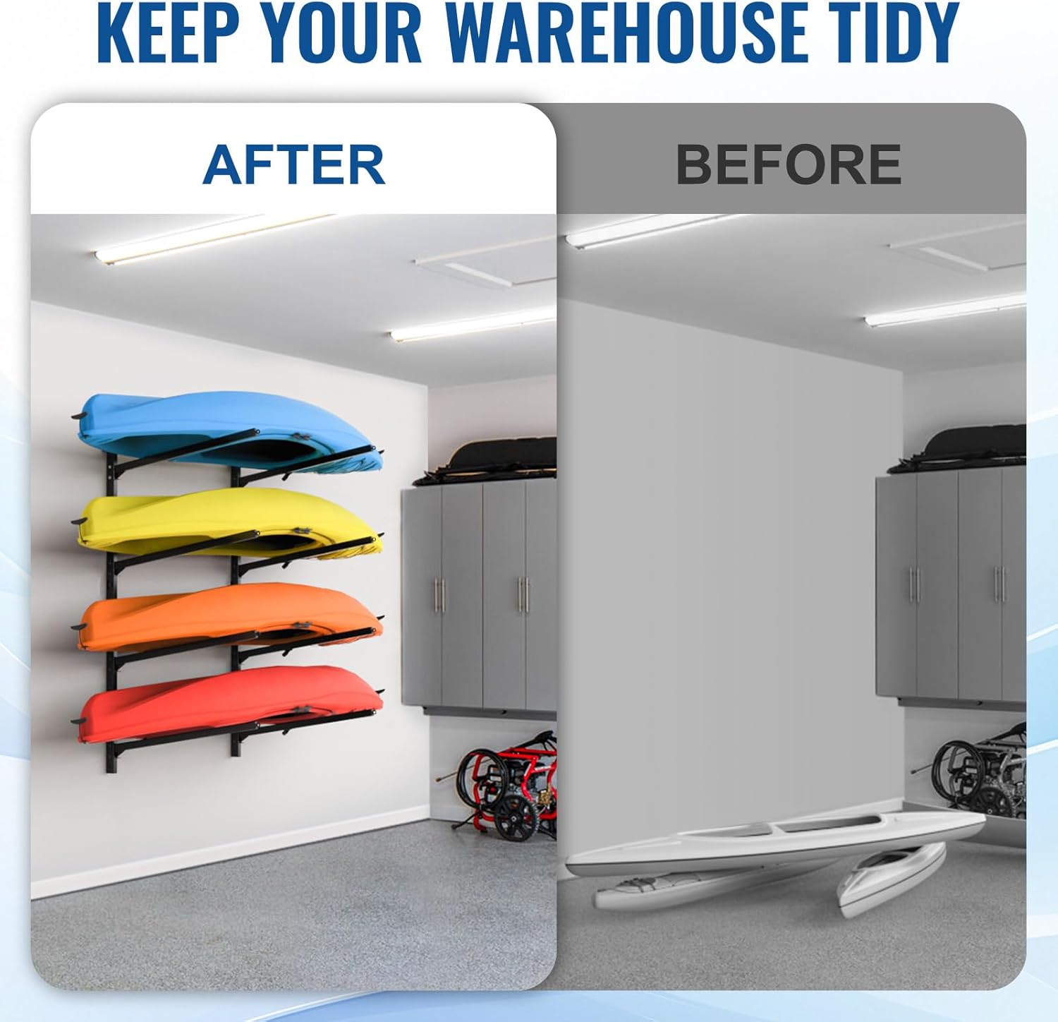 Kayak Storage Rack Wall Mount, Heavy Duty Kayak Wall Mount for Garage and Outdoor Storage, Kayak Wall Rack Adjustable for Kayak, Canoe, Surfboard and Paddle Board, 4 Tier