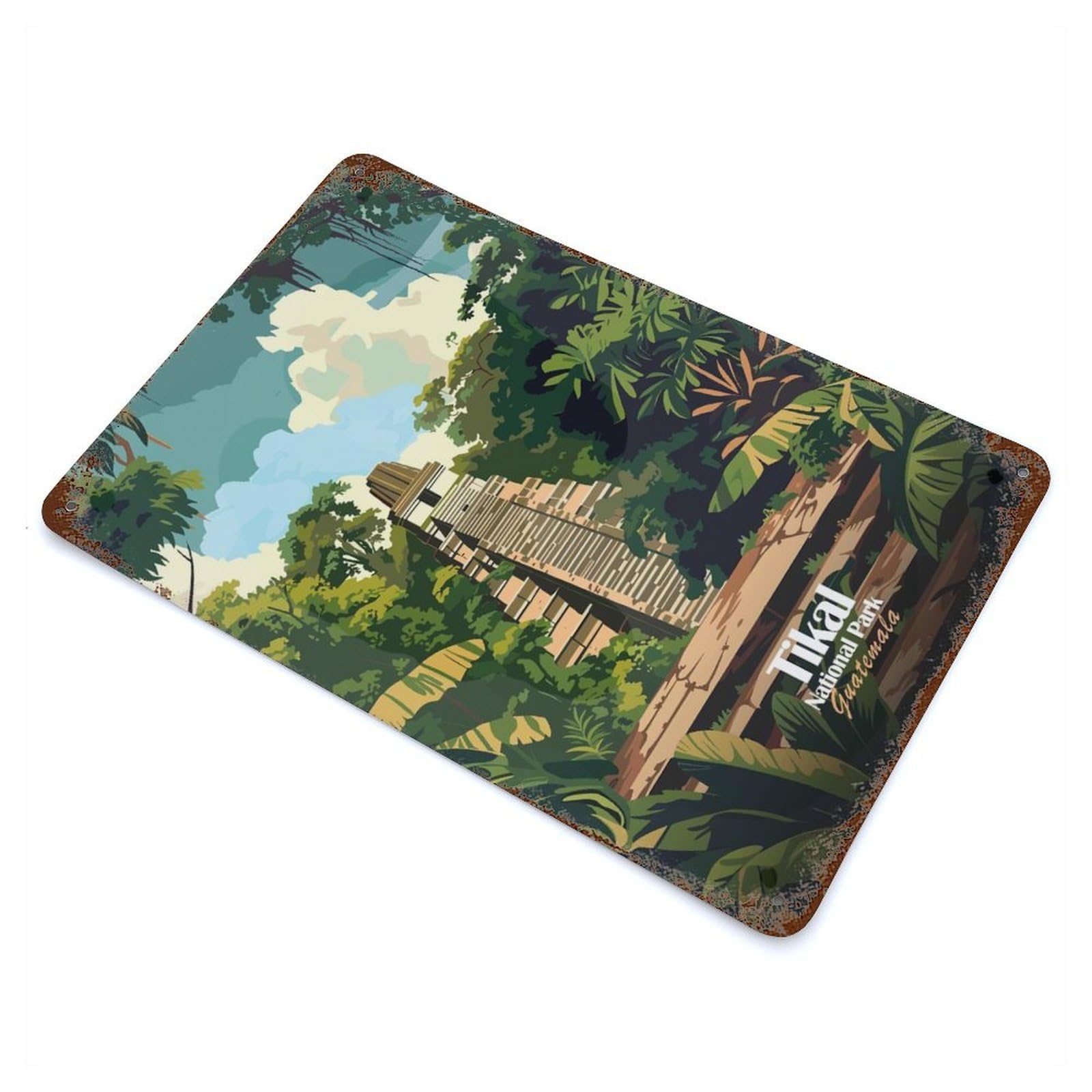 Tikal National Park Guatemala Illustration Rust Effect Tin Sign 11.8"x7.9", for Bistro, Counter And Cafe Decor, Decorative Metal Wall Art