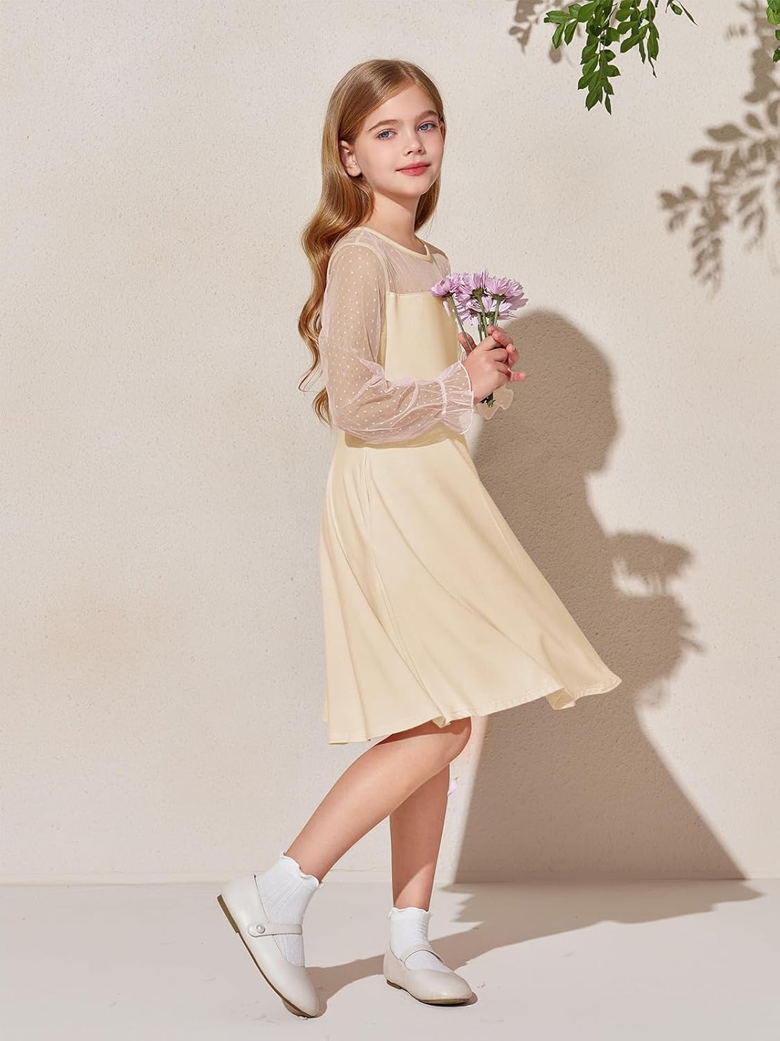 Haloumoning Girls Contrast Mesh Long Sleeve High Waist A Line Short Dress with Pockets 4-14 Years - Image 4