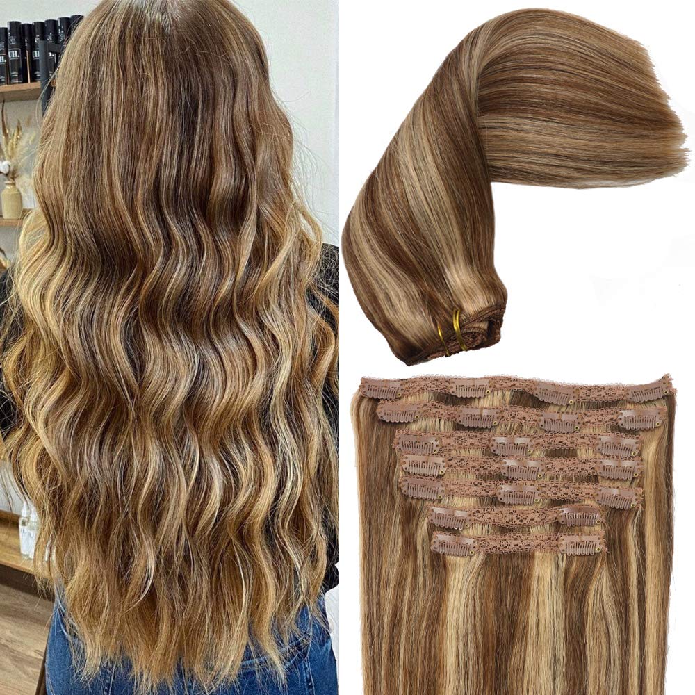 Eufficco Human Hair Lace Clip In Hair Extensions Thick Ends Highlights Piano Color Chocolate Brown/Strawberry Blonde 14inch 100g Remy Hair Extensions