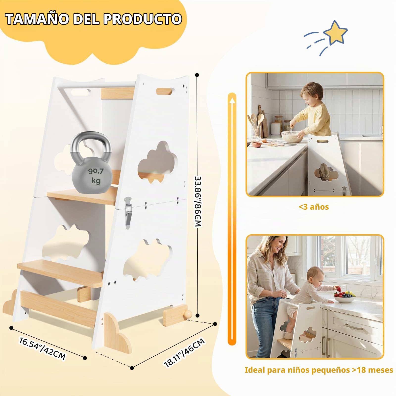 KIDINIX Torre de aprendizaje 3 en 1 Montessori Learning Tower con barandilla de seguridad y pizarra, silla de aprendizaje plegable para niños con función de mesa para cocina, baño (natural y blanco)