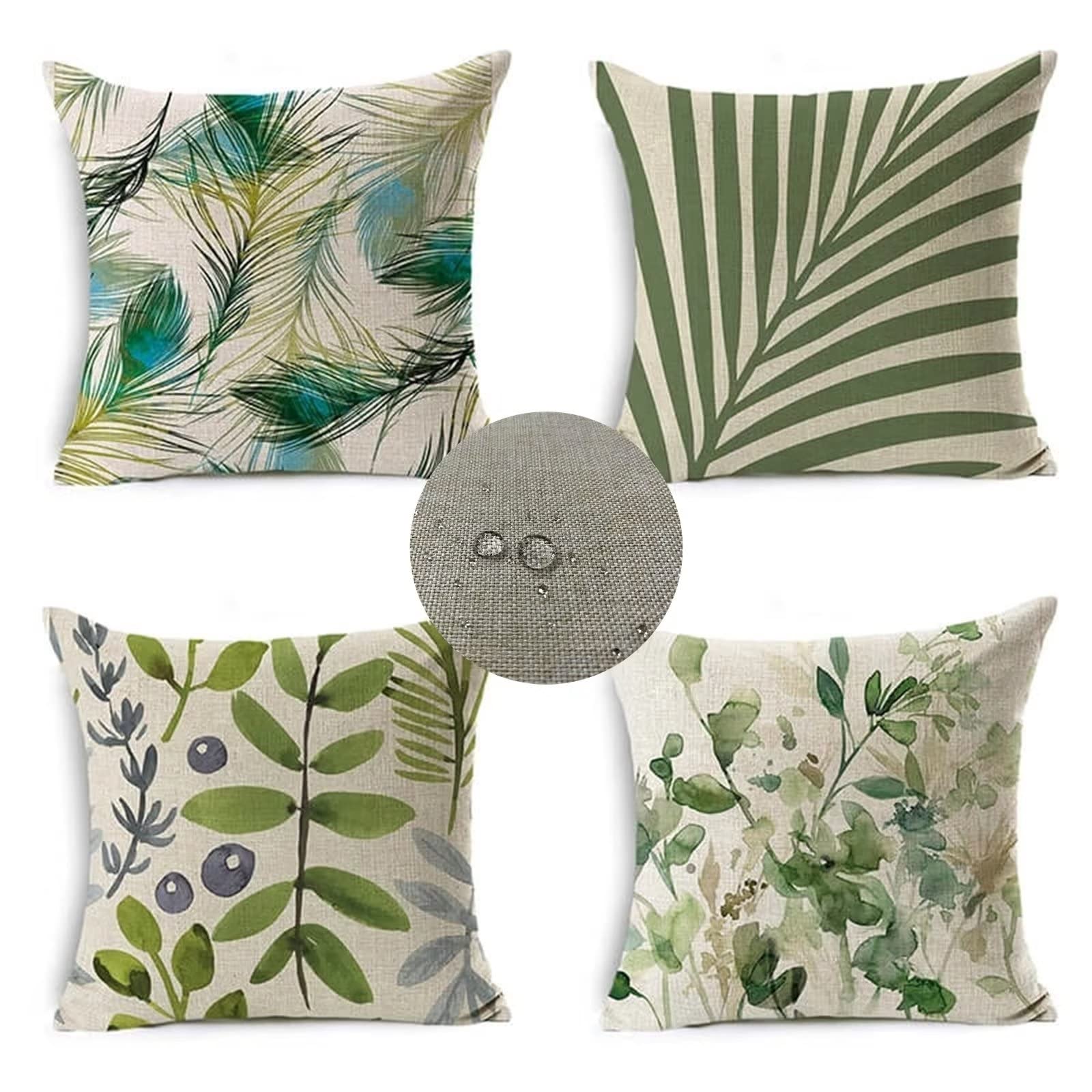 Federe Cuscini Divano 45x45 Set di 4 Cuscini per Divano impermeabile Lino Esterno Cuscini Decorativi Moderno Motivo Cuscini Divano, Soggiorno Letto Estate giardino Copricuscino (Verde salvia) JW-9245