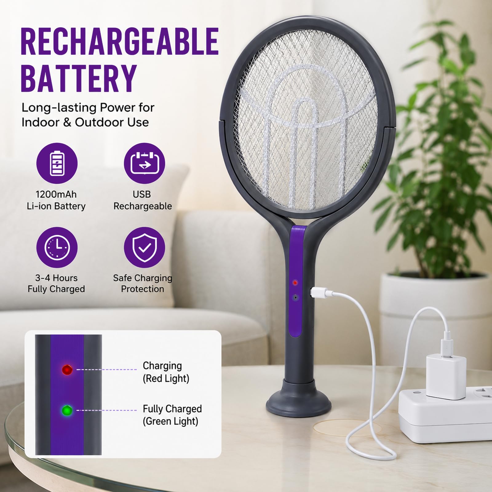 Racchetta Zanzare Elettrica, Zanzariera Elettrica Estensibile, Racchetta Elettrica Extra Forte, 2800V Racchetta Elettrica, 2 in 1 USB Tipo-C Racchetta Anti-Zanzare per, Mosche, Vespe, Falene