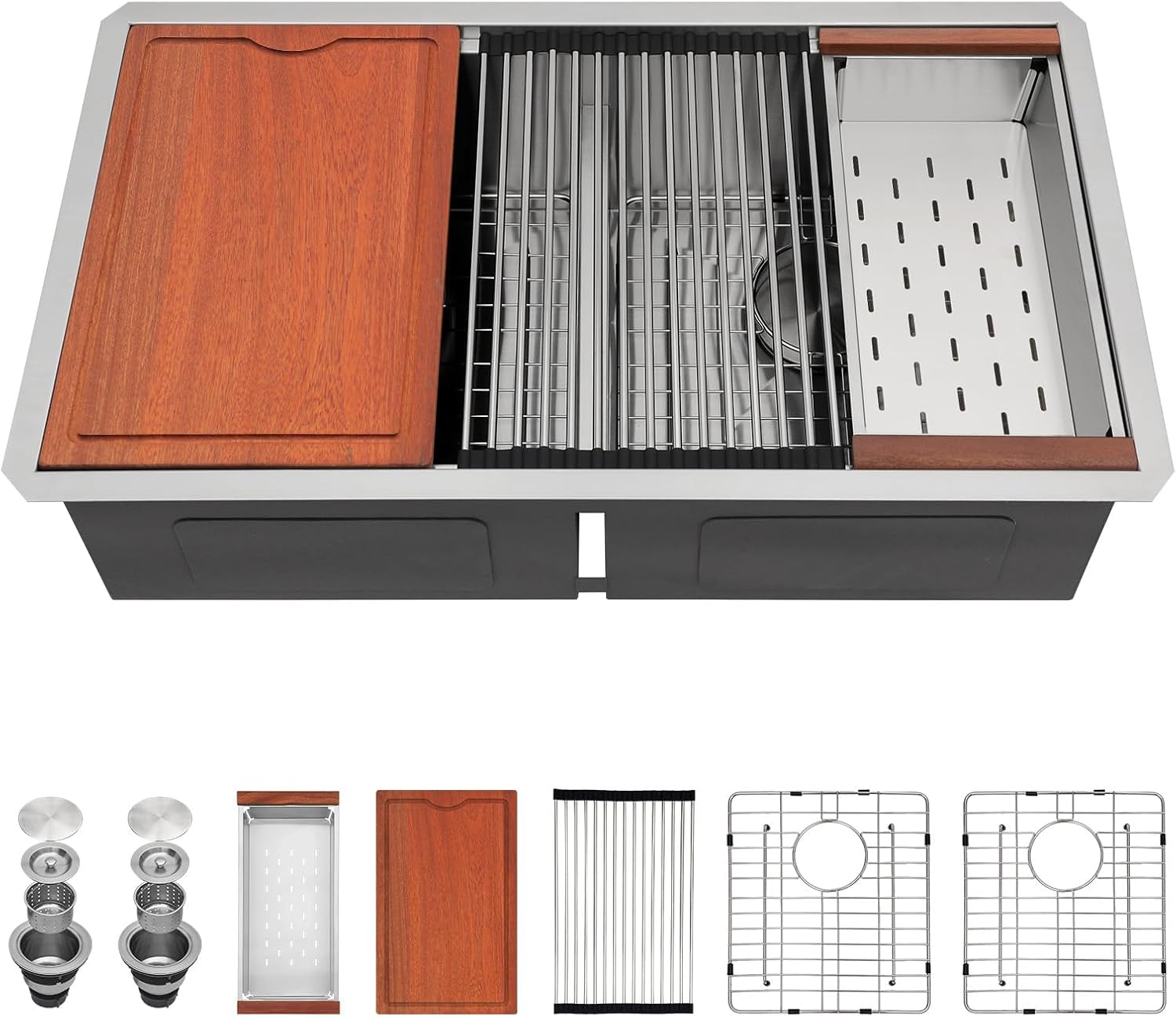 33x19 Inch Double Bowl Undermount Kitchen Sink 50/50 16 Gauge 304 Stainless Steel Deep Workstation Basin Modern Under Counter