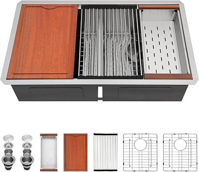 33x19 Inch Double Bowl Undermount Kitchen Sink, 16 Gauge 304 Stainless Steel, Low Divide 50/50 Split Deep Workstation Basin for Modern Under Counter Kitchen