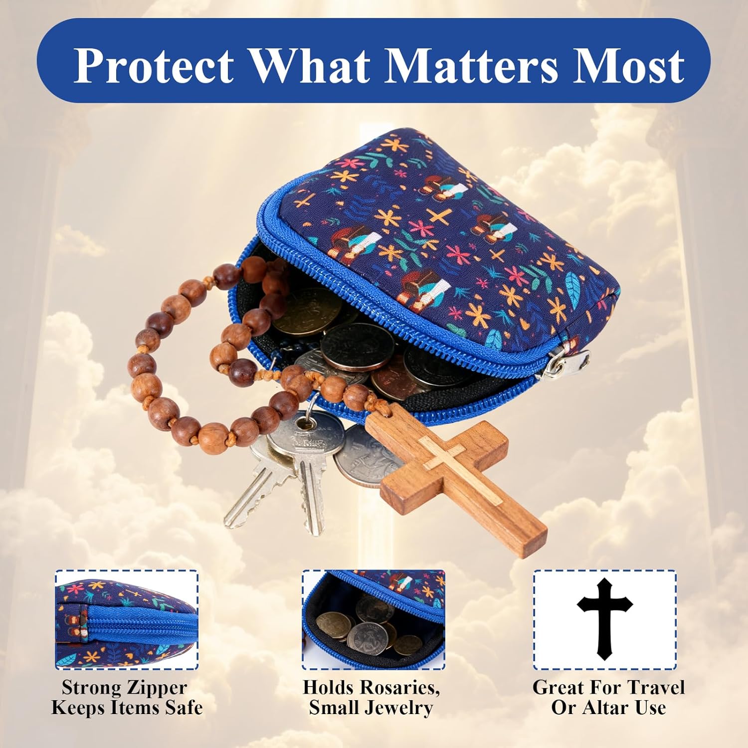 Rosary Pouch,Rosary Holder Case Bag with Cross and Floral Imprint,Gifts for Catholic Women Men,Zippered Catholic Pouch as Christian Gifts for Easter,Lent,and for Religious Travel - Image 6