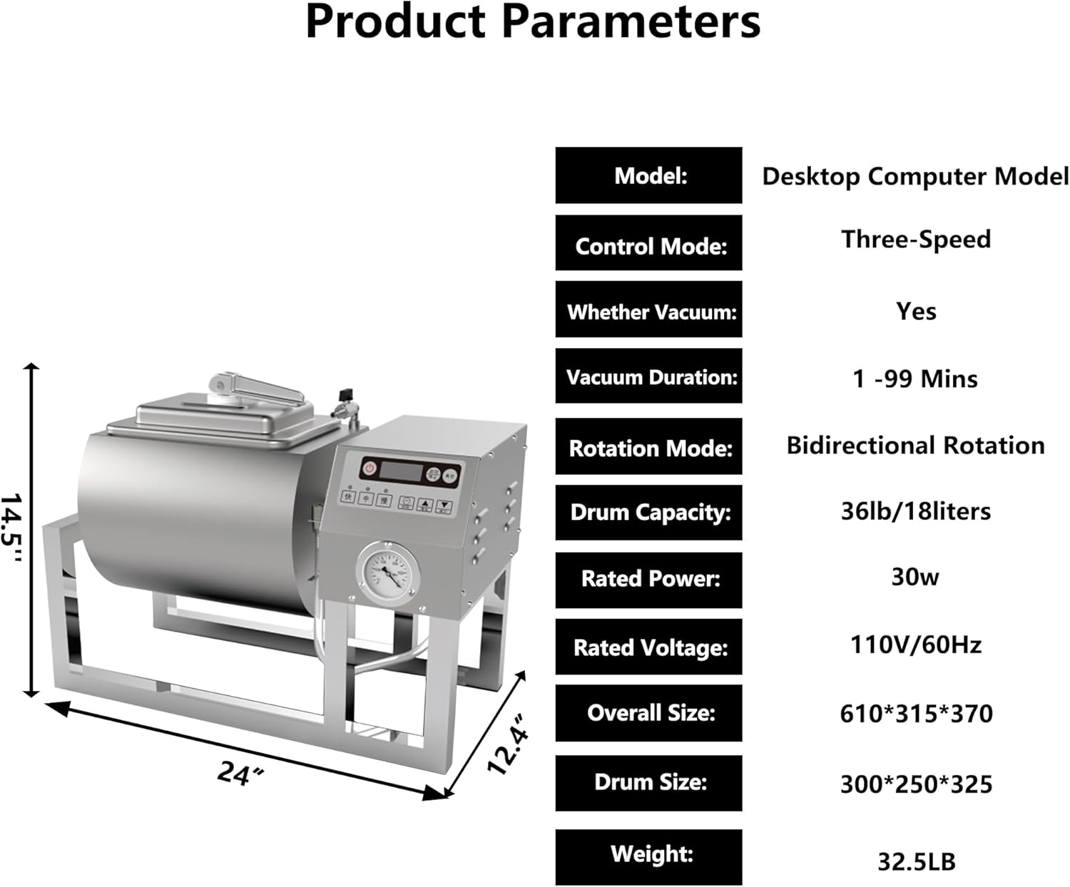 Hakka Meat Tumbler Marinator, Vacuum Curing Machine, Rapid Marination Process, 36lb/18 liters