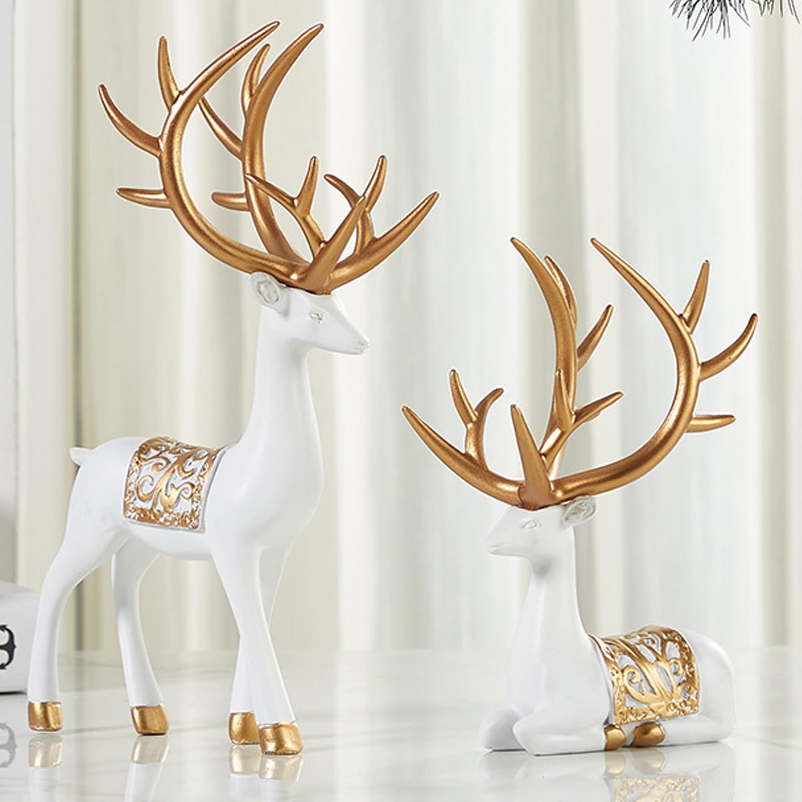 BZHIB 2-Pc Christmas Reindeer Decor Statue,Standing And Sitting Reindeer Resin Sculpture,Holiday And Christmas Decoration for Home Christmas Deer Table Centerpieces Supplies,White