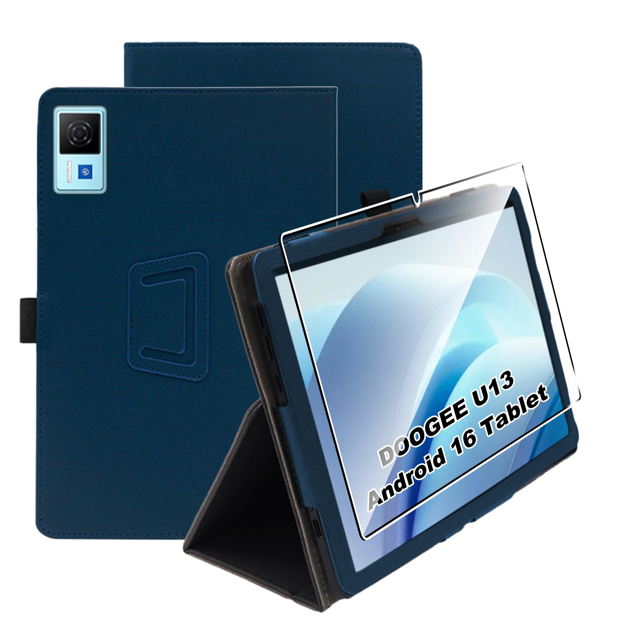 Heioloo Hülle für DOOGEE U13 Android 16 Tablet 13 Zoll with Stand Function, mit [1 Stück] Panzerfolie Schutzfolie, Umfassender Schutz, [PU Leder][Standfunktion] [Anti-Kratzen] Blau