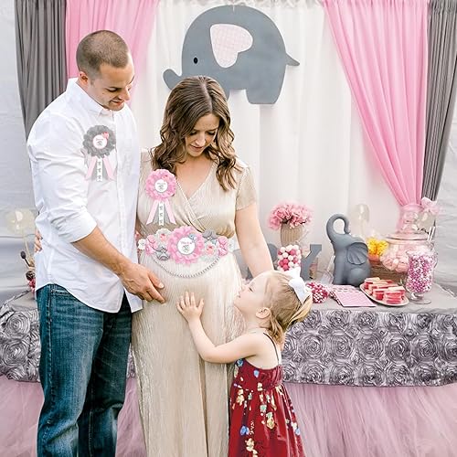 Miniatura 3 de JOYMEMO Kit de fajín de maternidad de elefante rosa y gris para baby shower, cinturón de vientre de baby shower de flores y alfileres de ramillete