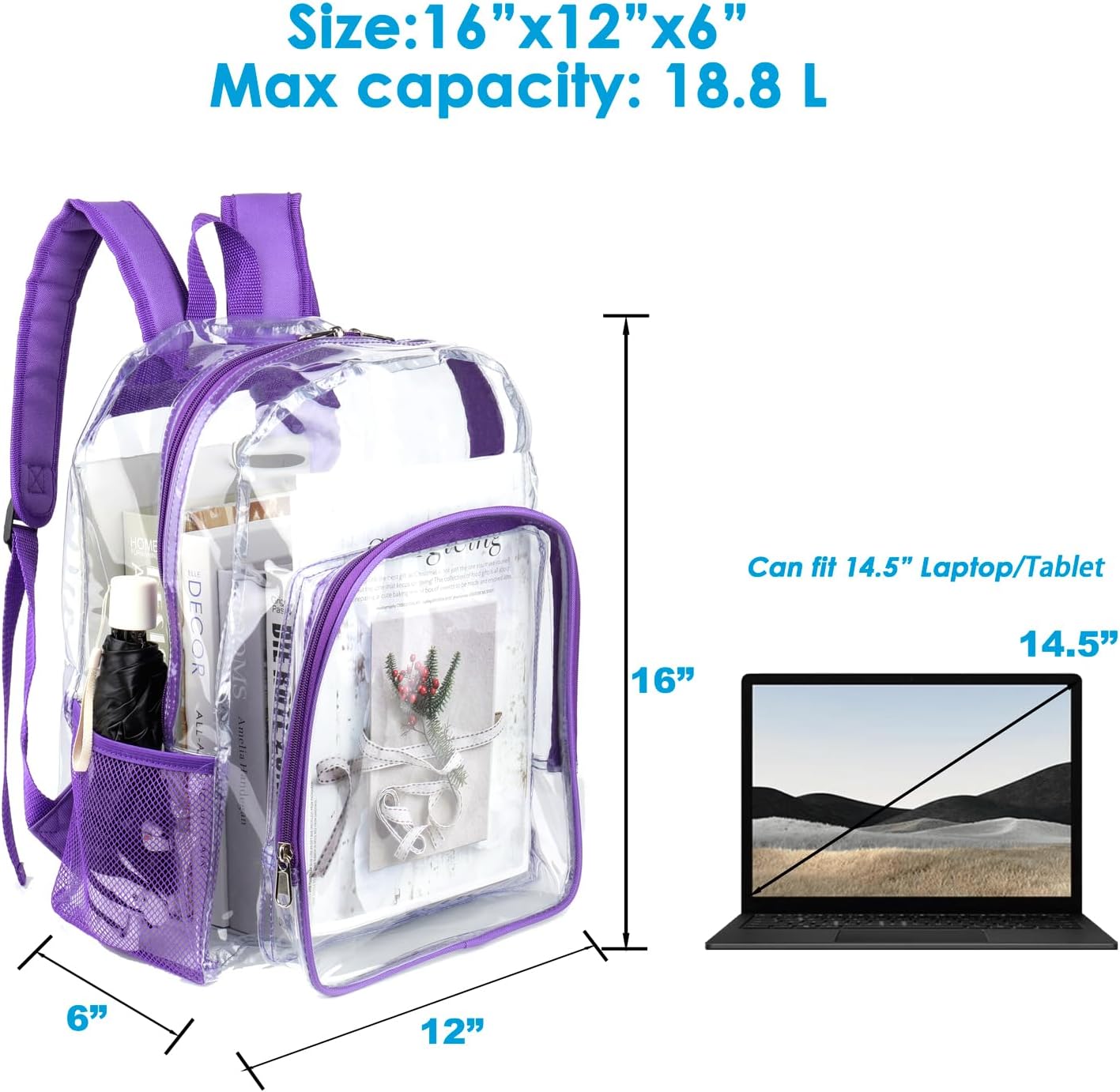 Clear Backpack for Girls & Boys, 16 in Large Clear Bookbag, Purple image 3