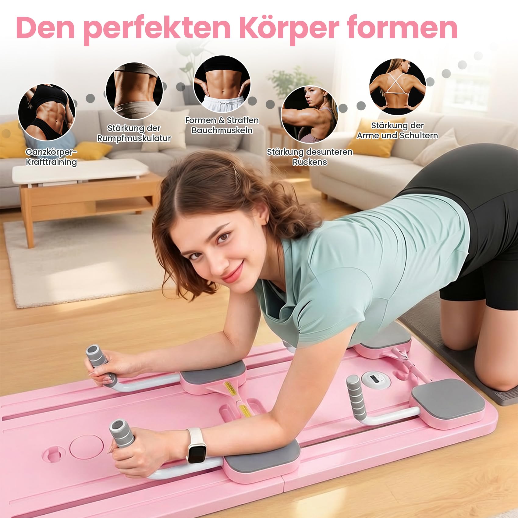 Pilates Reformer Compact 5 en 1 - Pliable - Avec compteur LED - Rouleau à rebond automatique - Planche abdominale multifonction pour la maison et la salle de sport (rose avec poignée)