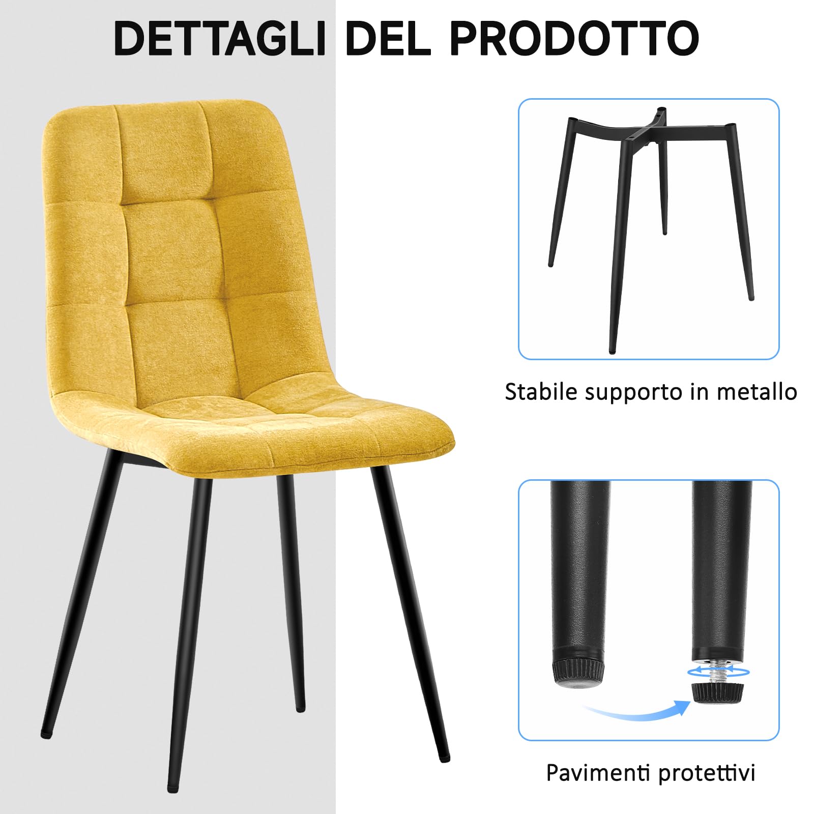 ANVOFONG Set Di 4 Sedie Da Pranzo,Sedia Da Cucina Con Piedi In Metallo Nero,Sedie Imbottite Con Tessuto Di Lino,Sedia Da Camera Da Letto Salotto Soggiorno,Giallo