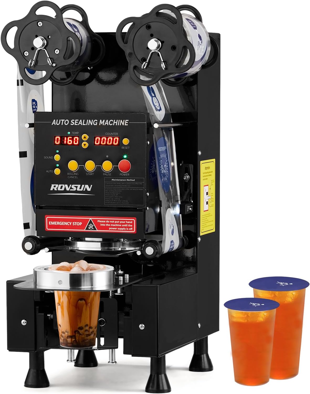 ROVSUN Cup Sealing Machine, Full Automatic Cup Sealer Machine 88/89/90/95mm, Electric Boba Cup Sealing Machine 500-600 Cups/H with LCD Control Panel for Bubble Milk Tea