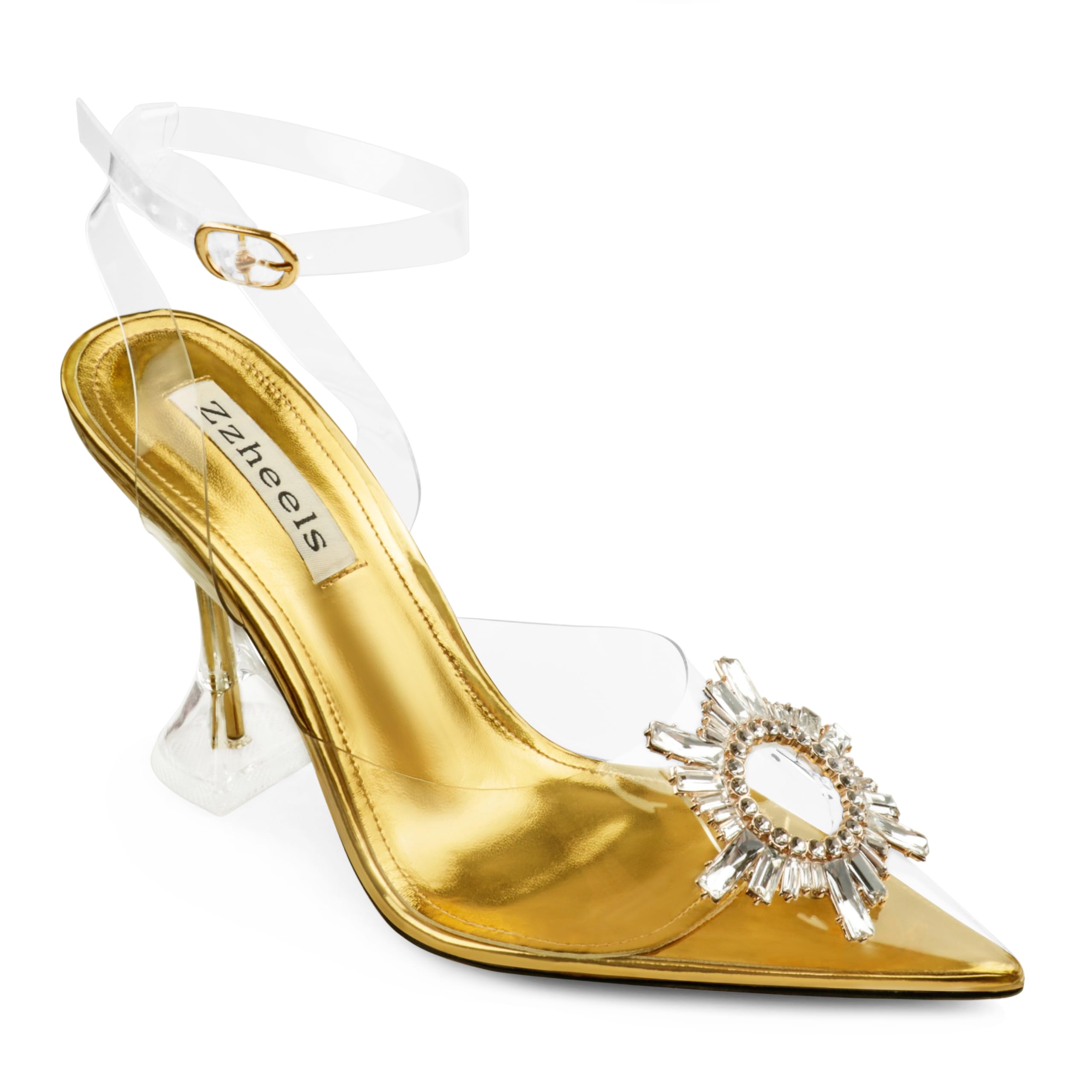 Photo 1 of *USED* *Minor damage* Zzheels Women's Pointed Toe Pumps Crystal Clear Sandals, Gold, US8