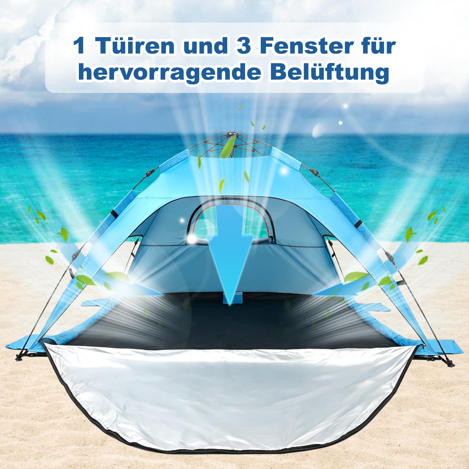 Strandzelt Strandmuschel Pop Up, UV Schutz 50+ Sonnenzelt mit Wasserdichter Strandmatte für 3-4 Personen, 3 Türen Belüftung & herausnehmbarer Boden, Tragbar Windschutz Baby Zelt für Strand Urlaub