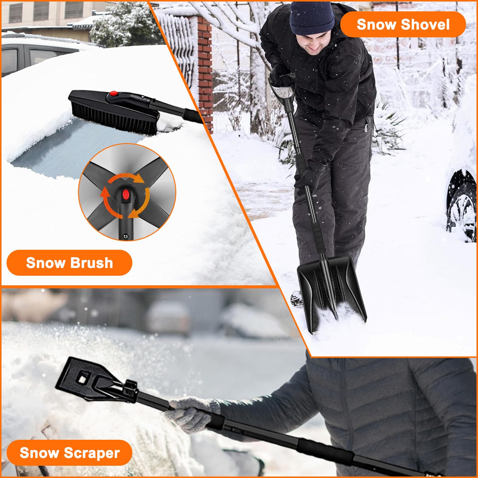 Pala da Neve Portatile, 112 Cm Staccabile Kit 3 In 1 Pala da Neve Retrattile Con Raschietto per Ghiaccio e Spazzola da Neve per Ghiaccio, Neve, Graniglia per Vialetto Auto